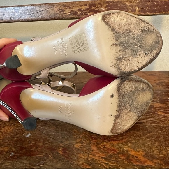 Valentino Rockstud Open Toe Pumps Heels Stiletto Ankle Straps Red Leather - Picture 10 of 16